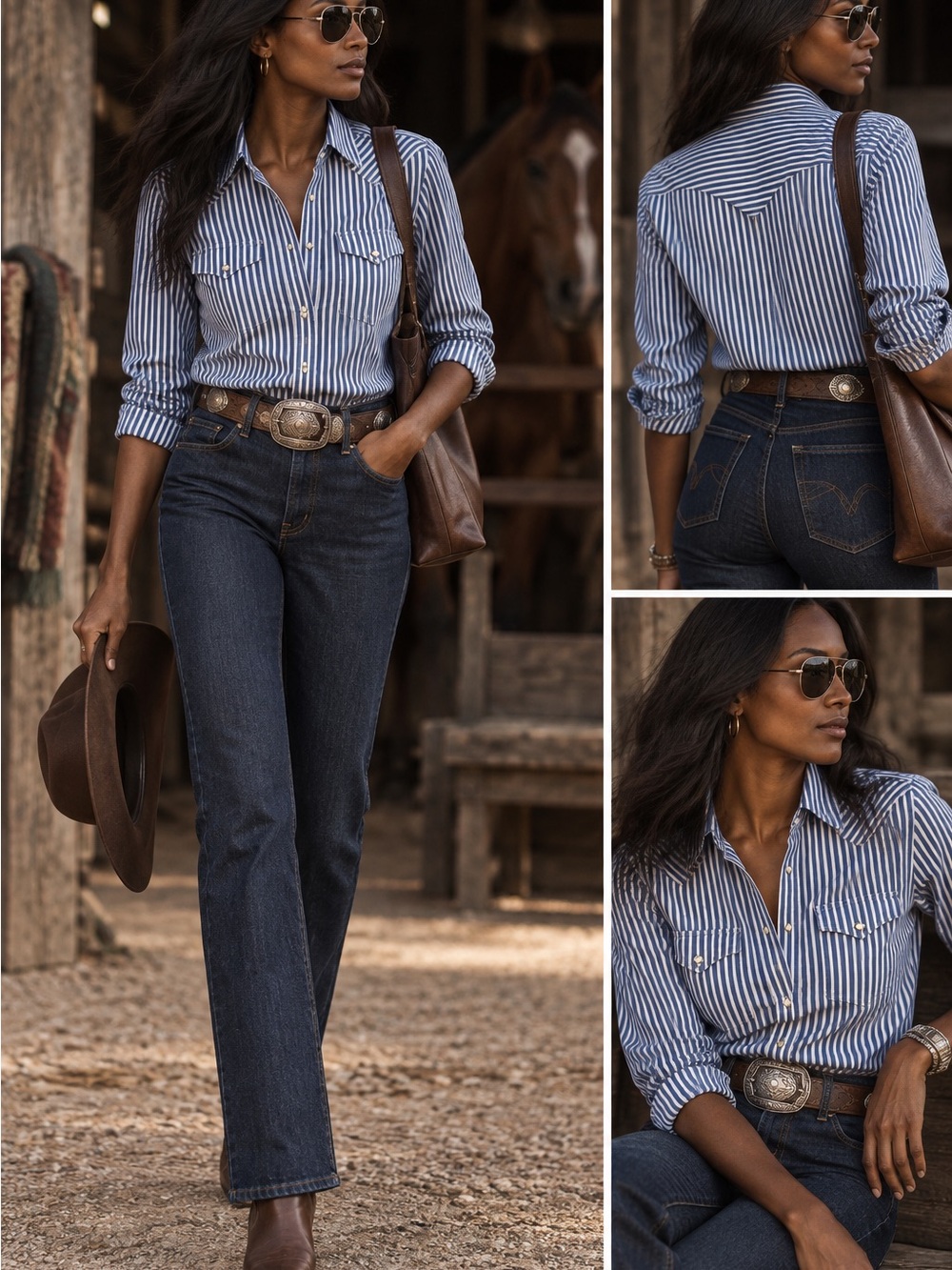 Ralph Lauren Western Blue and White Stripe Button-Down Shirt-mother of pearl